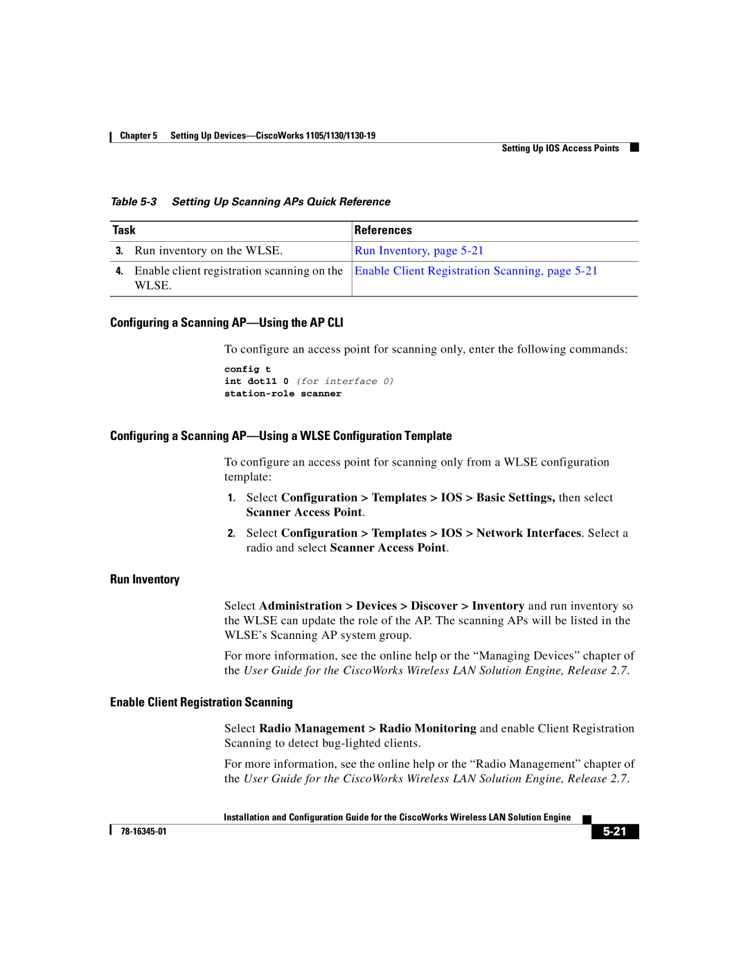 Cisco Systems 2.7 warranty Configuring a Scanning AP-Using the AP CLI 