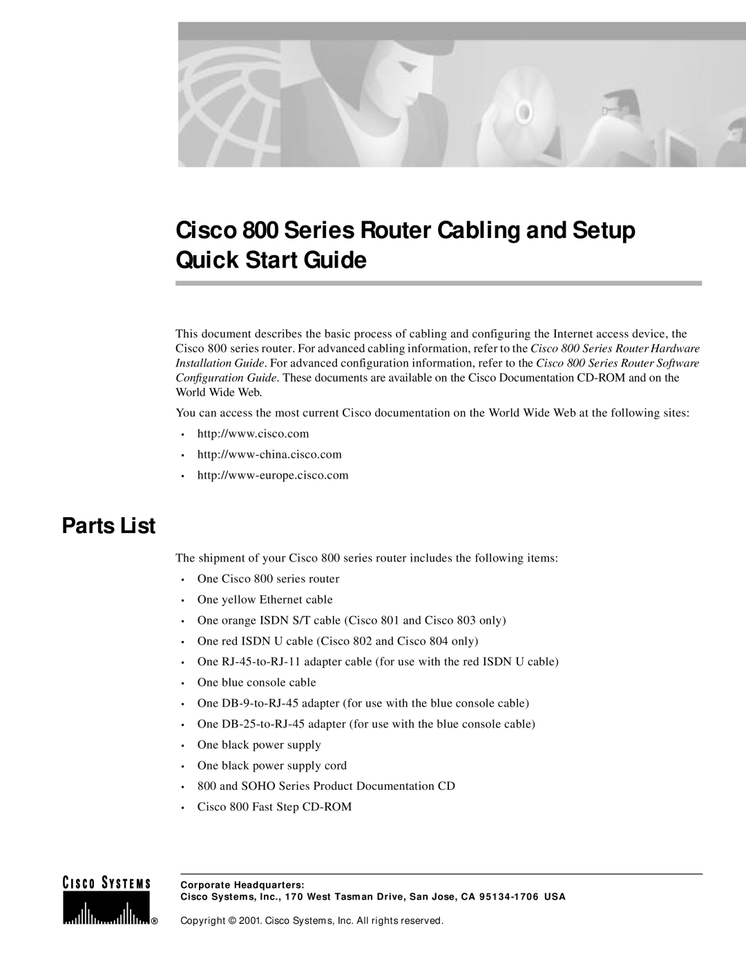 Cisco Systems 2800 Series quick start Parts List, Cisco 800 Series Router Cabling and Setup Quick Start Guide 