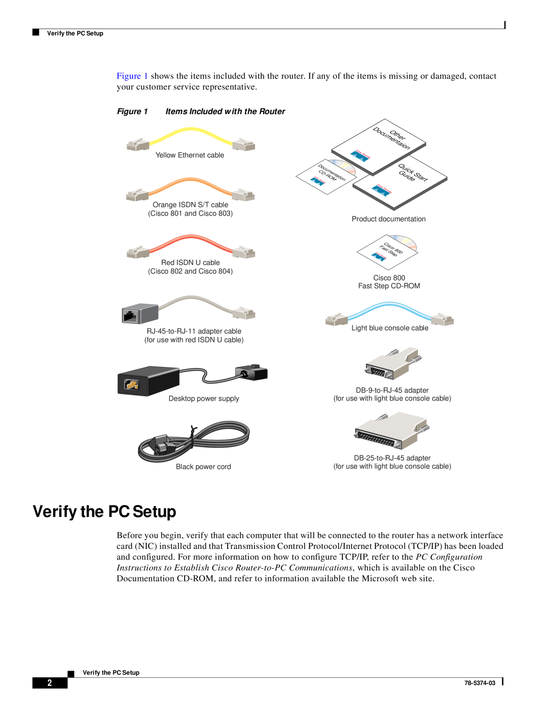 Cisco Systems 2800 Series quick start Verify the PC Setup, Items Included with the Router 