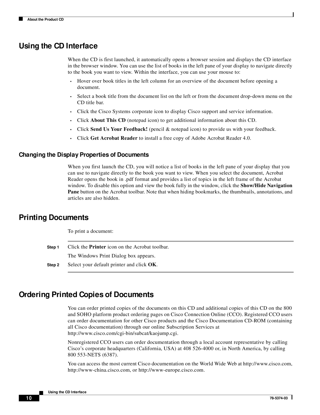 Cisco Systems 2800 Series quick start Using the CD Interface, Printing Documents, Ordering Printed Copies of Documents 