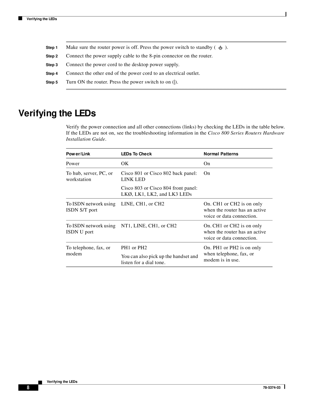 Cisco Systems 2800 Series quick start Verifying the LEDs, Power/Link LEDs To Check Normal Patterns 