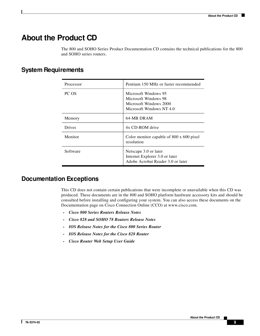 Cisco Systems 2800 Series quick start About the Product CD, System Requirements, Documentation Exceptions 