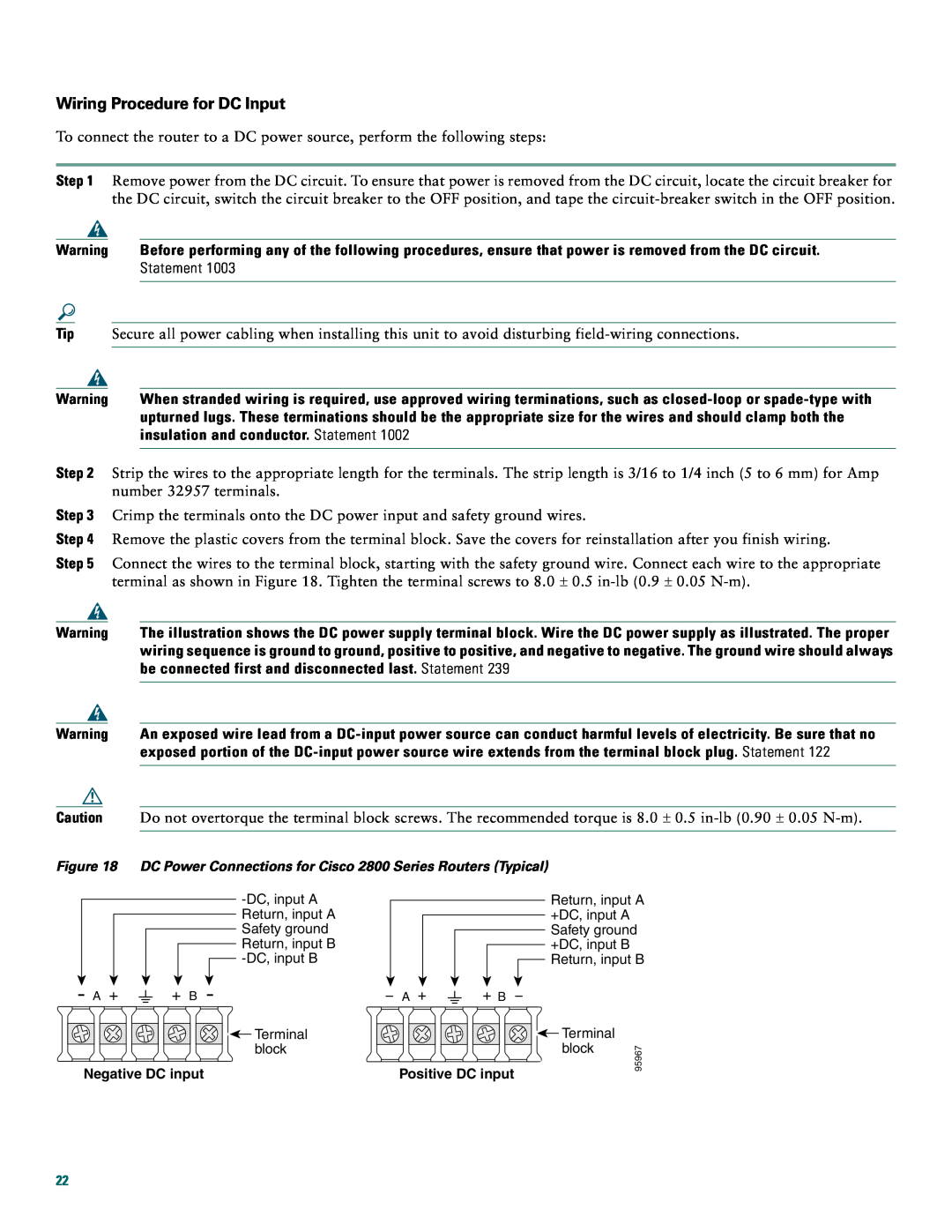 Cisco Systems 2800 manual Wiring Procedure for DC Input, be connected first and disconnected last. Statement 