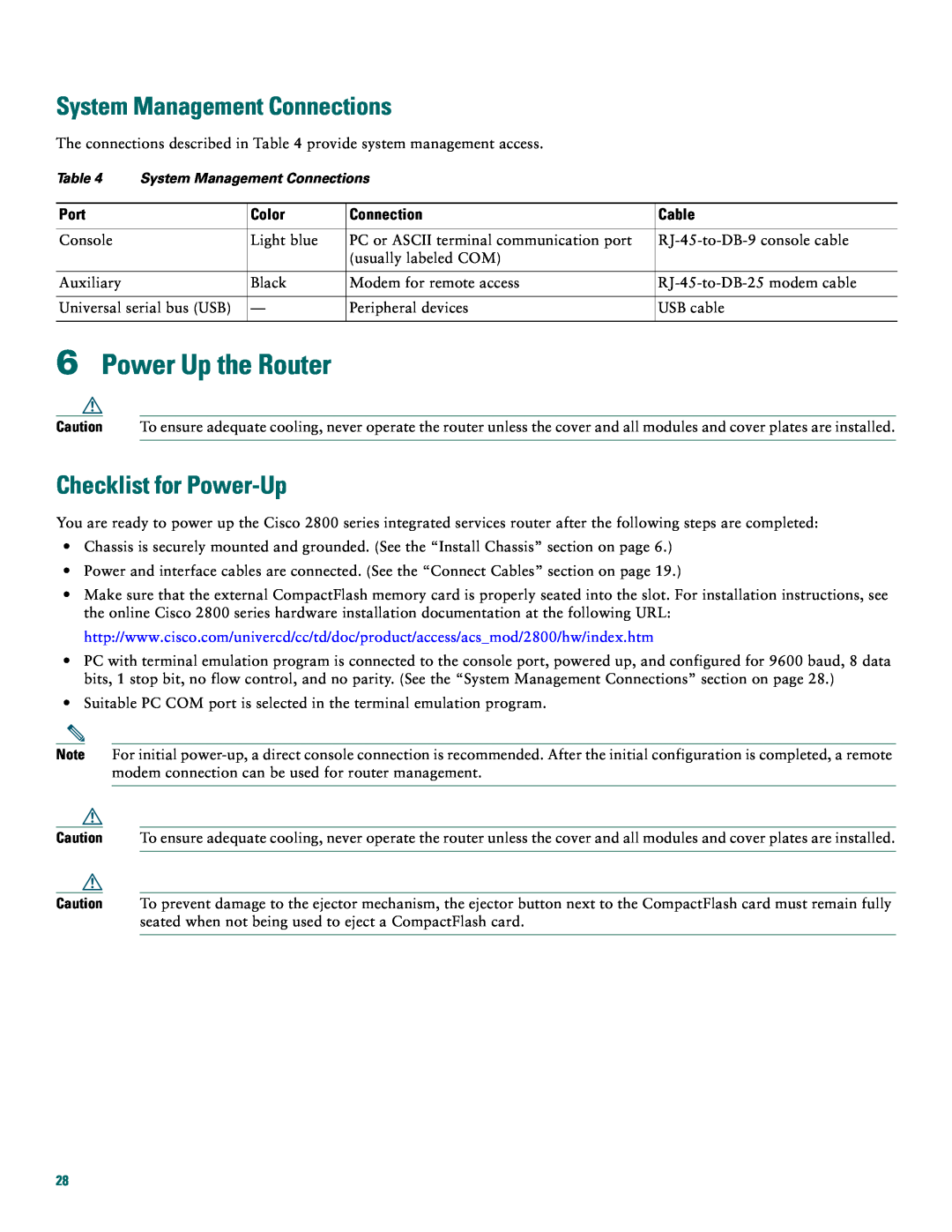 Cisco Systems 2800 manual Power Up the Router, System Management Connections, Checklist for Power-Up 