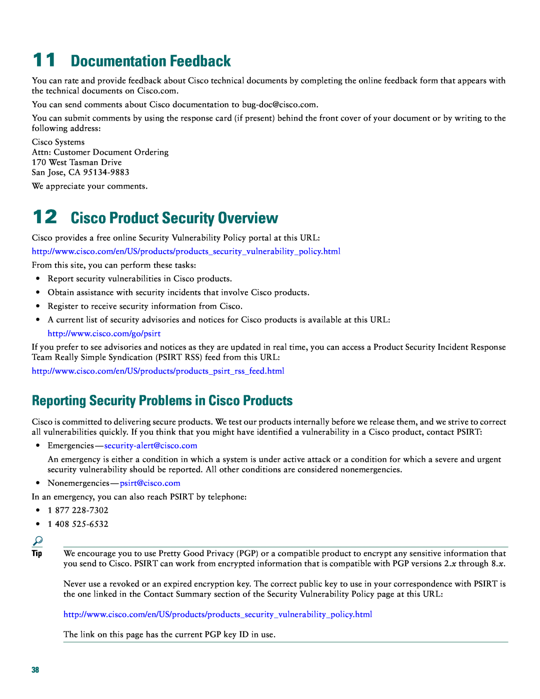 Cisco Systems 2800 Documentation Feedback, Cisco Product Security Overview, Reporting Security Problems in Cisco Products 