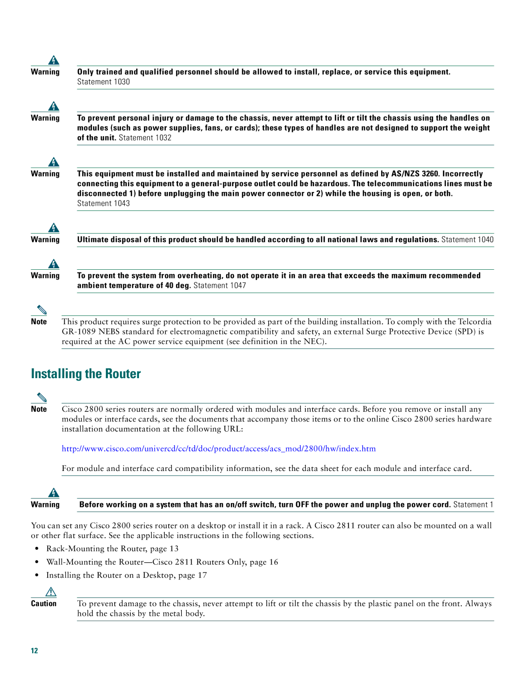 Cisco Systems 2800 manual Installing the Router, Statement 