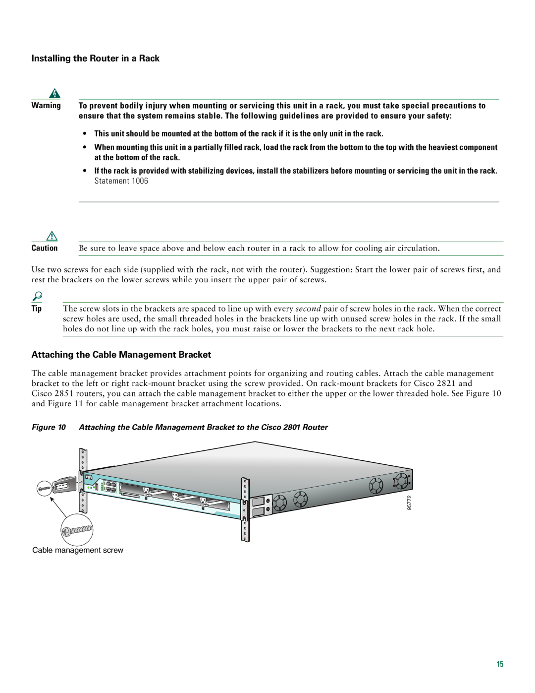 Cisco Systems 2800 manual Installing the Router in a Rack 