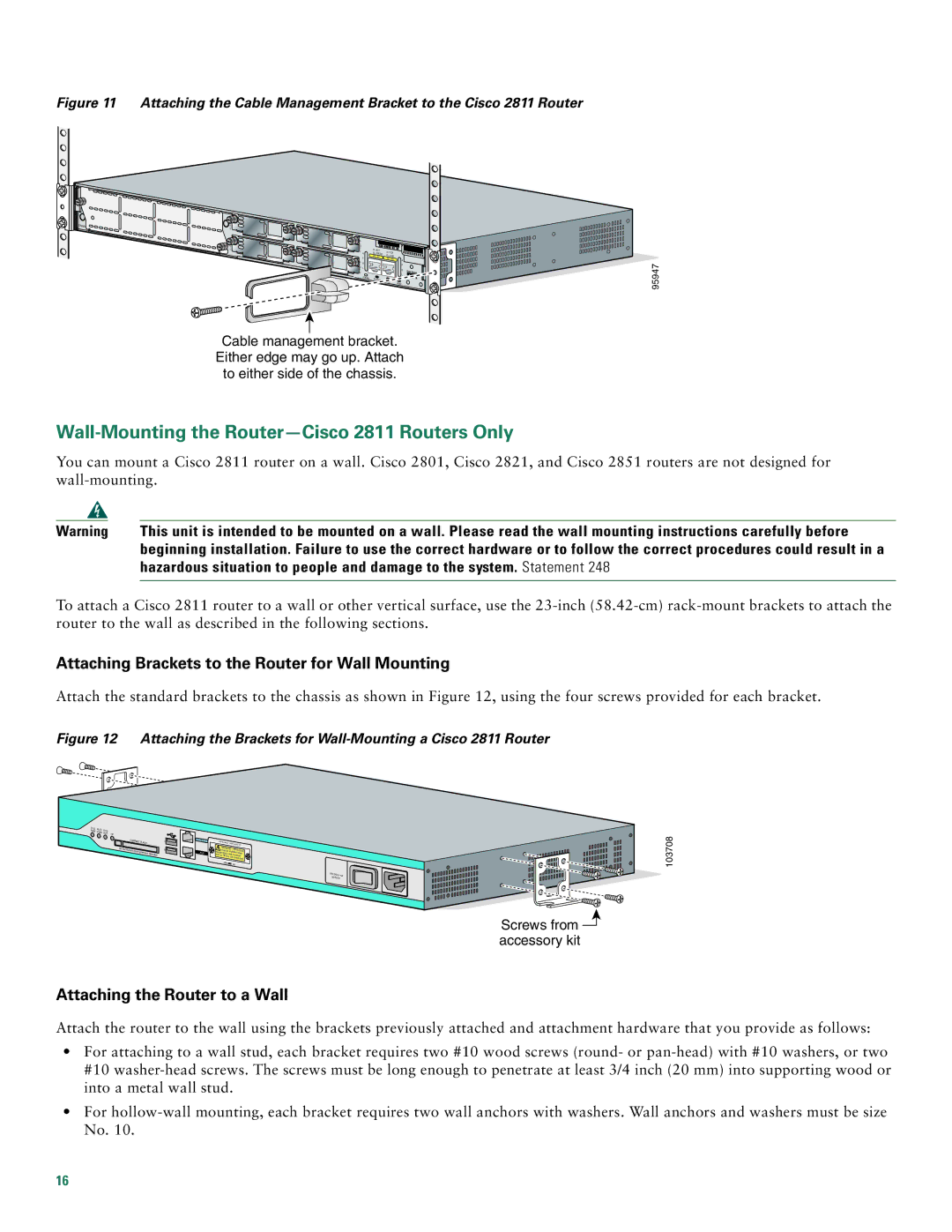 Cisco Systems 2800 Wall-Mounting the Router-Cisco 2811 Routers Only, Attaching Brackets to the Router for Wall Mounting 