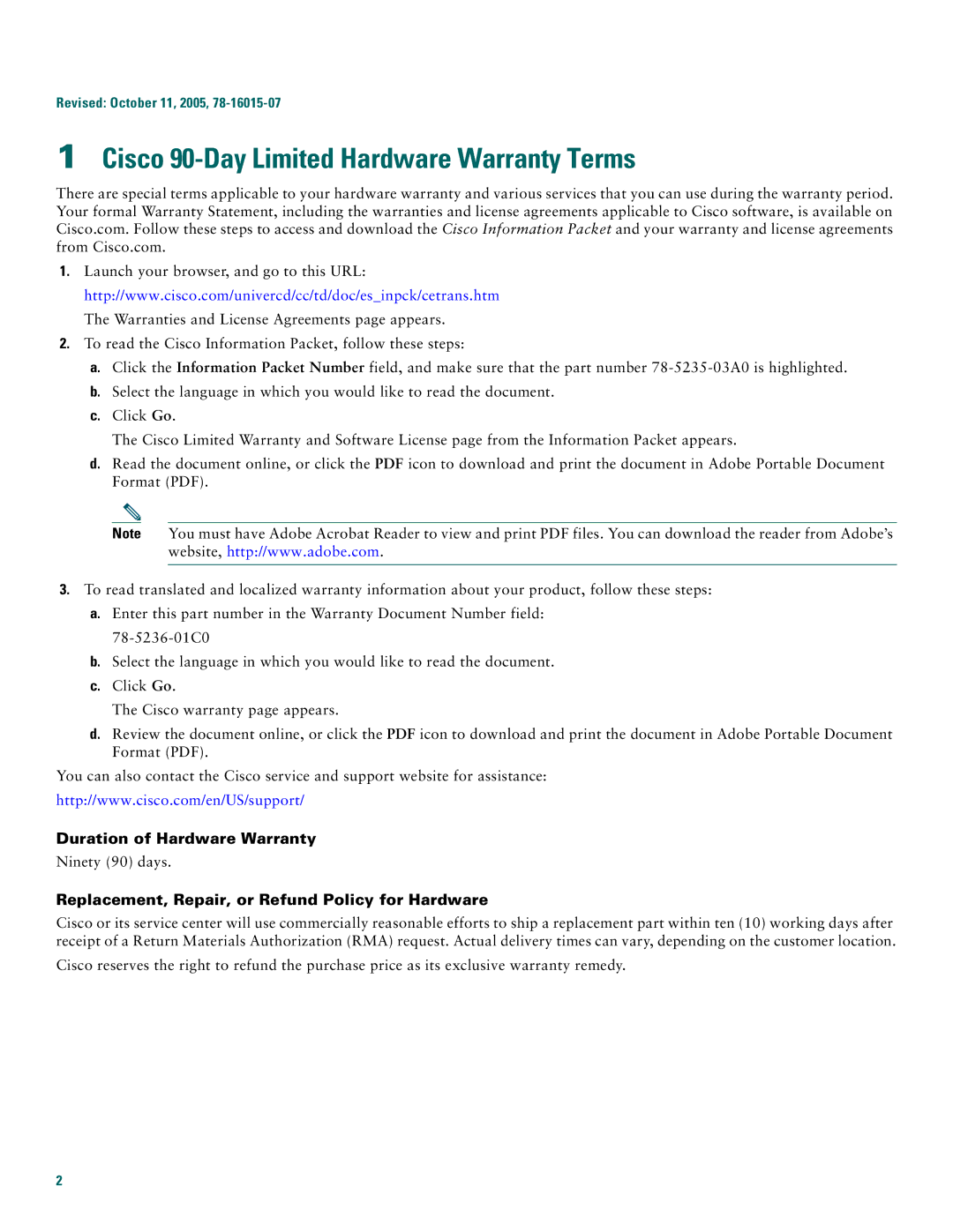 Cisco Systems 2800 manual Cisco 90-Day Limited Hardware Warranty Terms, Duration of Hardware Warranty 