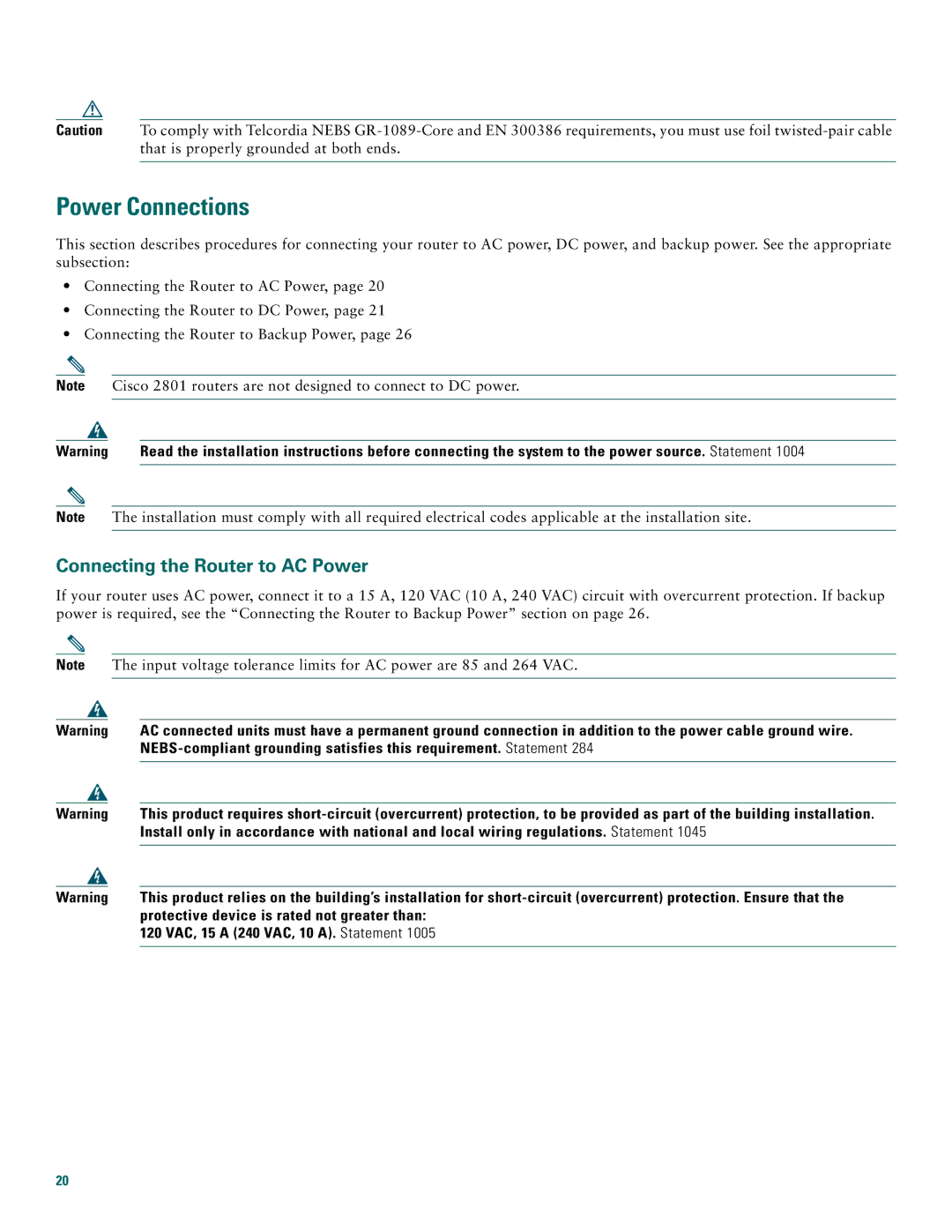 Cisco Systems 2800 manual Power Connections, Connecting the Router to AC Power, Protective device is rated not greater than 