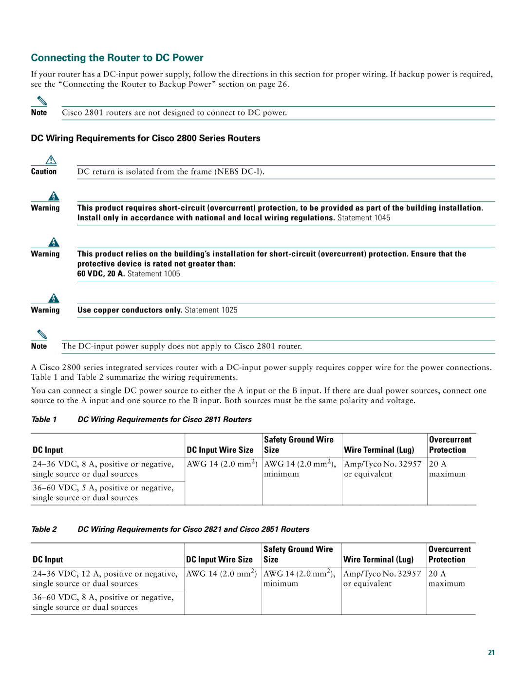 Cisco Systems 2800 manual Connecting the Router to DC Power, 60 VDC, 20 A. Statement, Use copper conductors only. Statement 