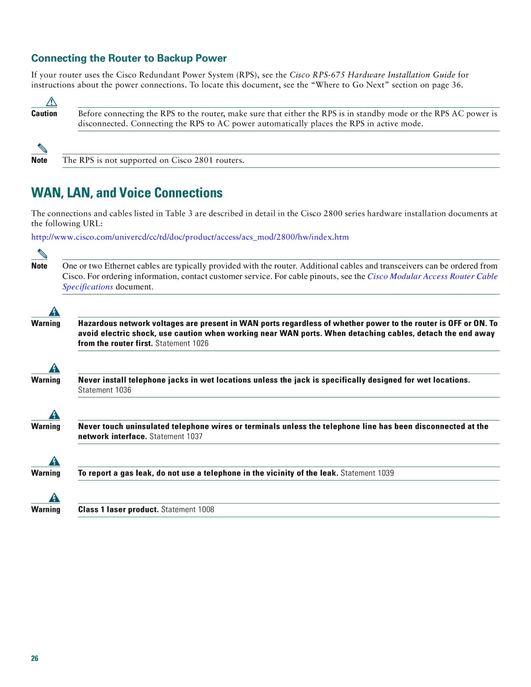 Cisco Systems 2800 manual WAN, LAN, and Voice Connections, Connecting the Router to Backup Power 