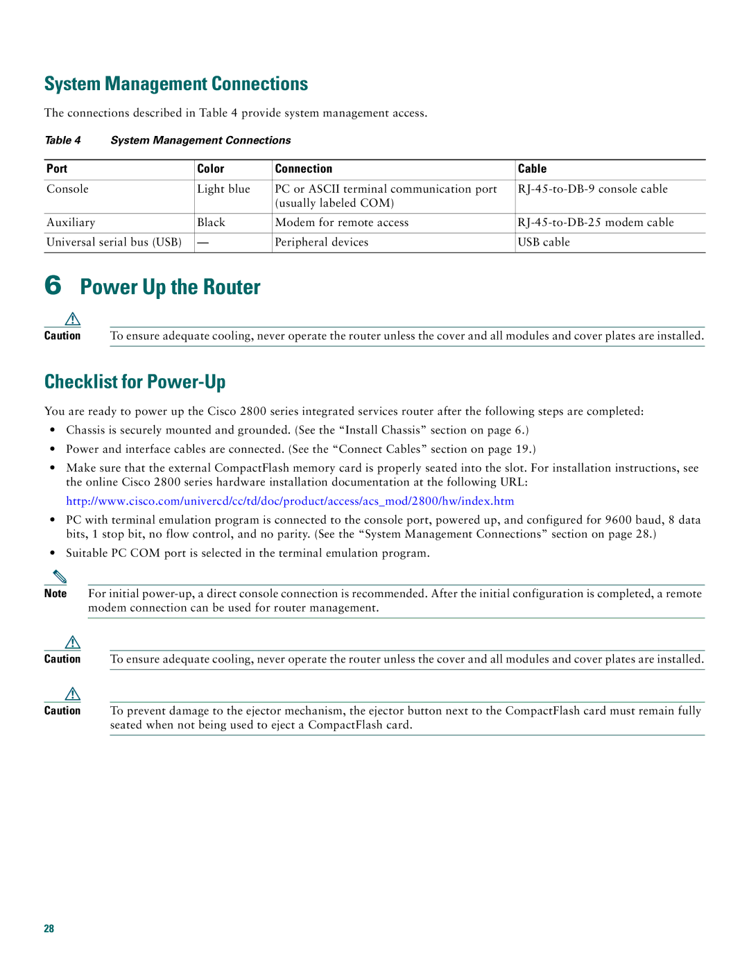 Cisco Systems 2800 Power Up the Router, System Management Connections, Checklist for Power-Up, Port Color Connection Cable 