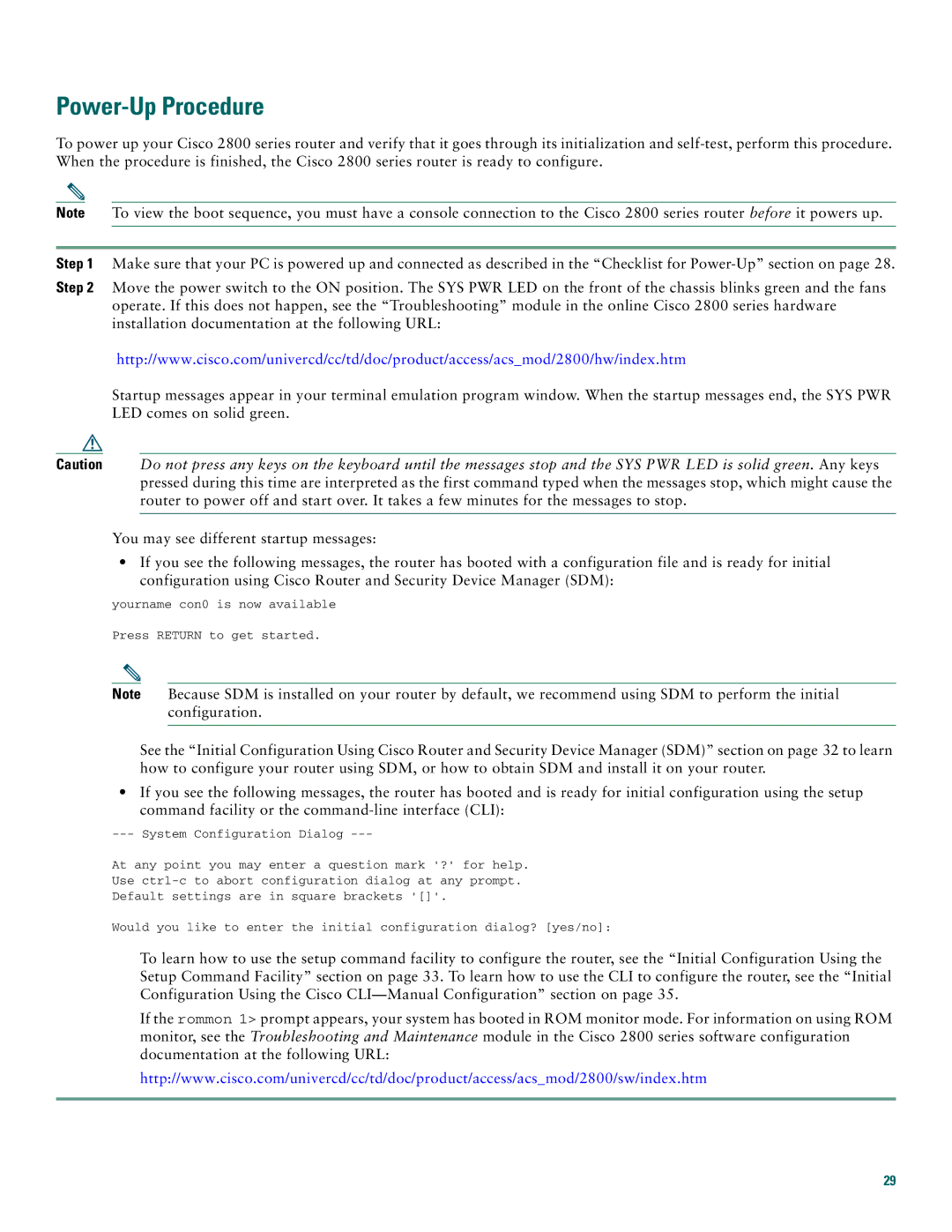 Cisco Systems 2800 manual Power-Up Procedure 