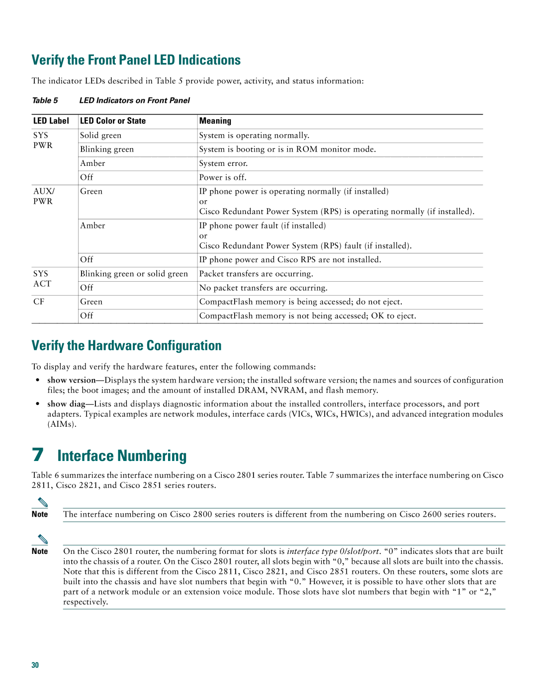 Cisco Systems 2800 manual Interface Numbering, Verify the Front Panel LED Indications, Verify the Hardware Configuration 