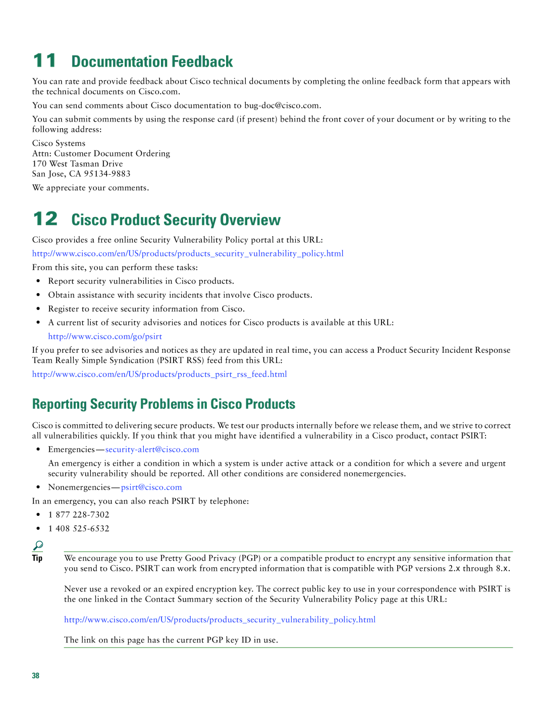 Cisco Systems 2800 Documentation Feedback, Cisco Product Security Overview, Reporting Security Problems in Cisco Products 