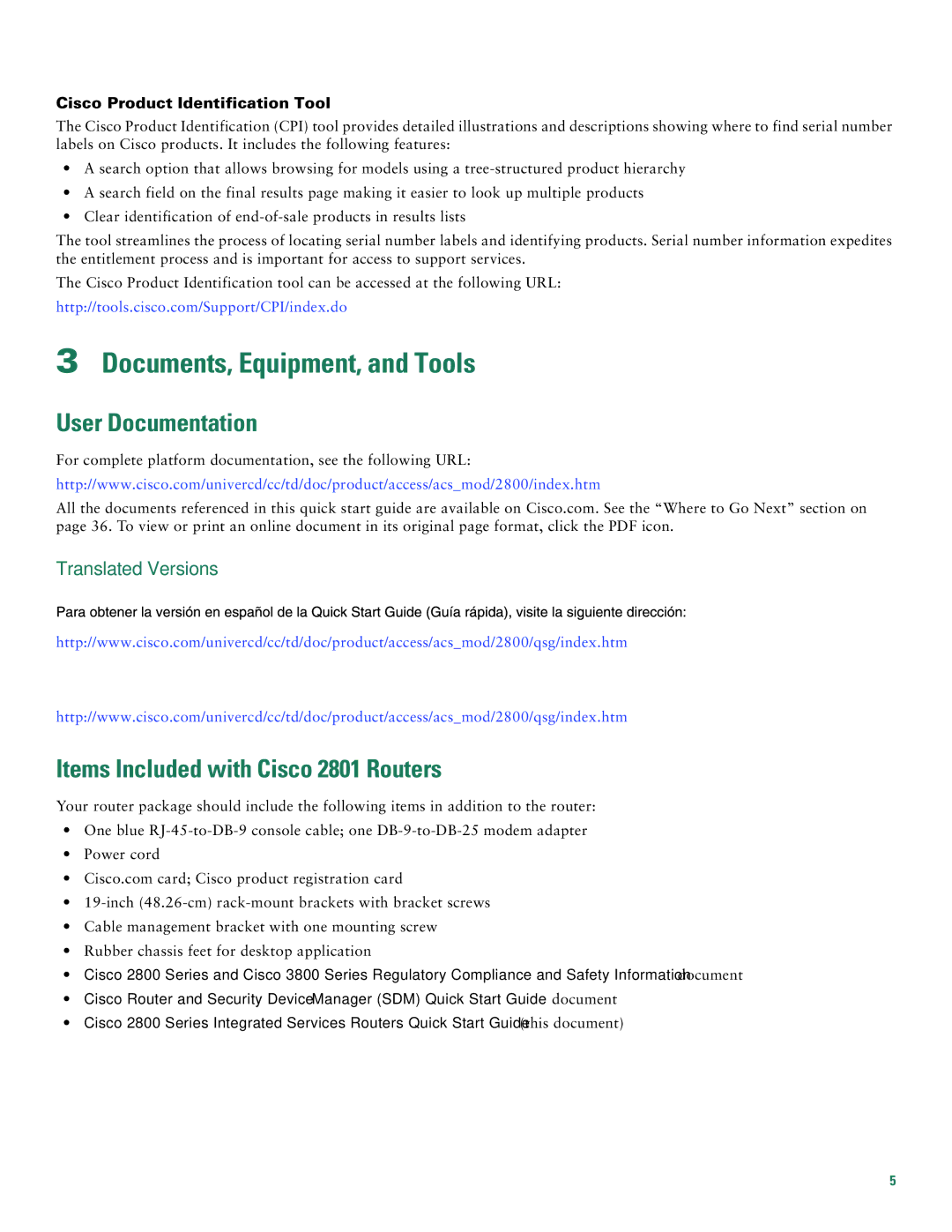 Cisco Systems 2800 manual Documents, Equipment, and Tools, User Documentation, Items Included with Cisco 2801 Routers 