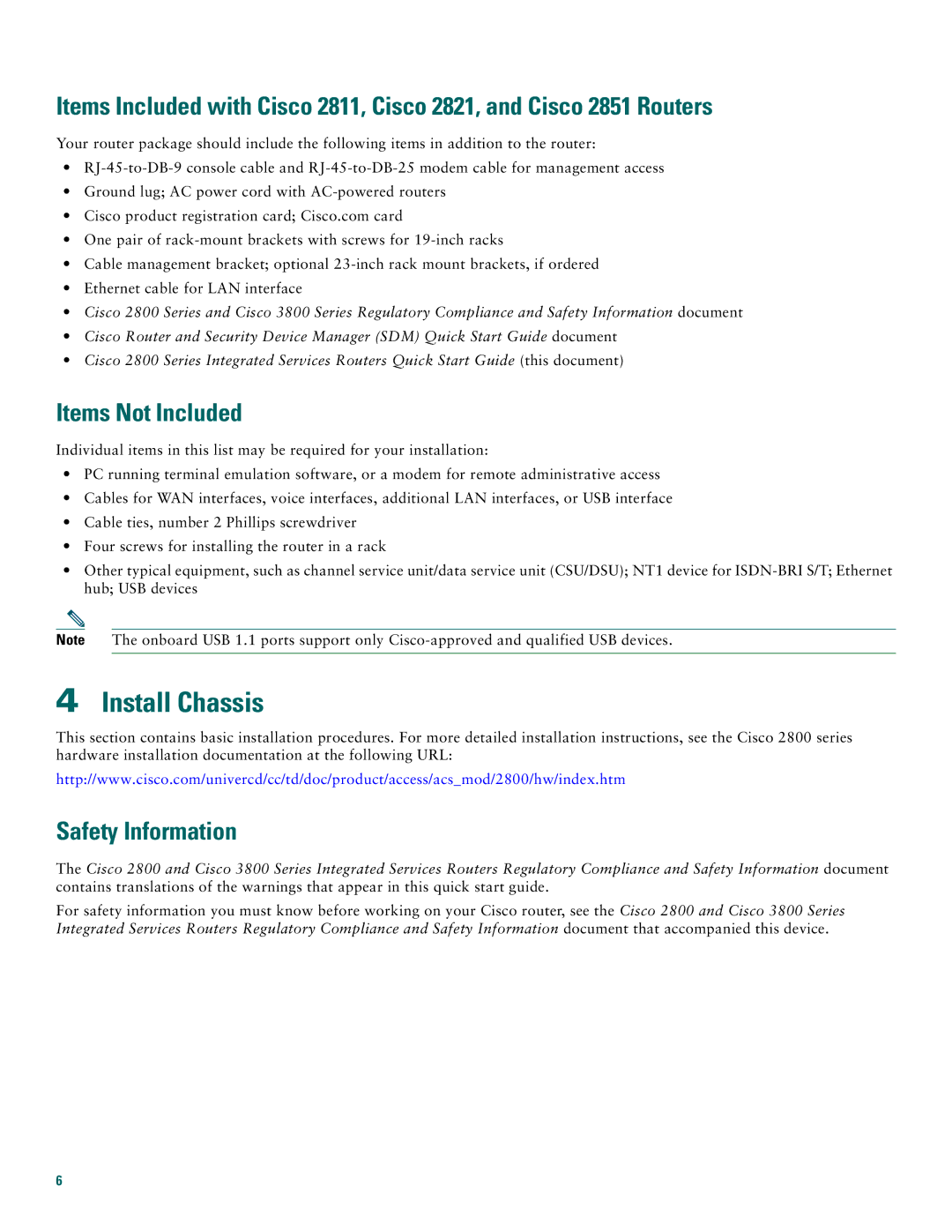 Cisco Systems 2800 manual Install Chassis, Items Not Included, Safety Information 