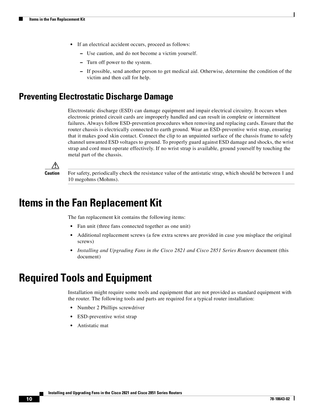 Cisco Systems 2851 Series, 2821 Series manual Items in the Fan Replacement Kit, Preventing Electrostatic Discharge Damage 