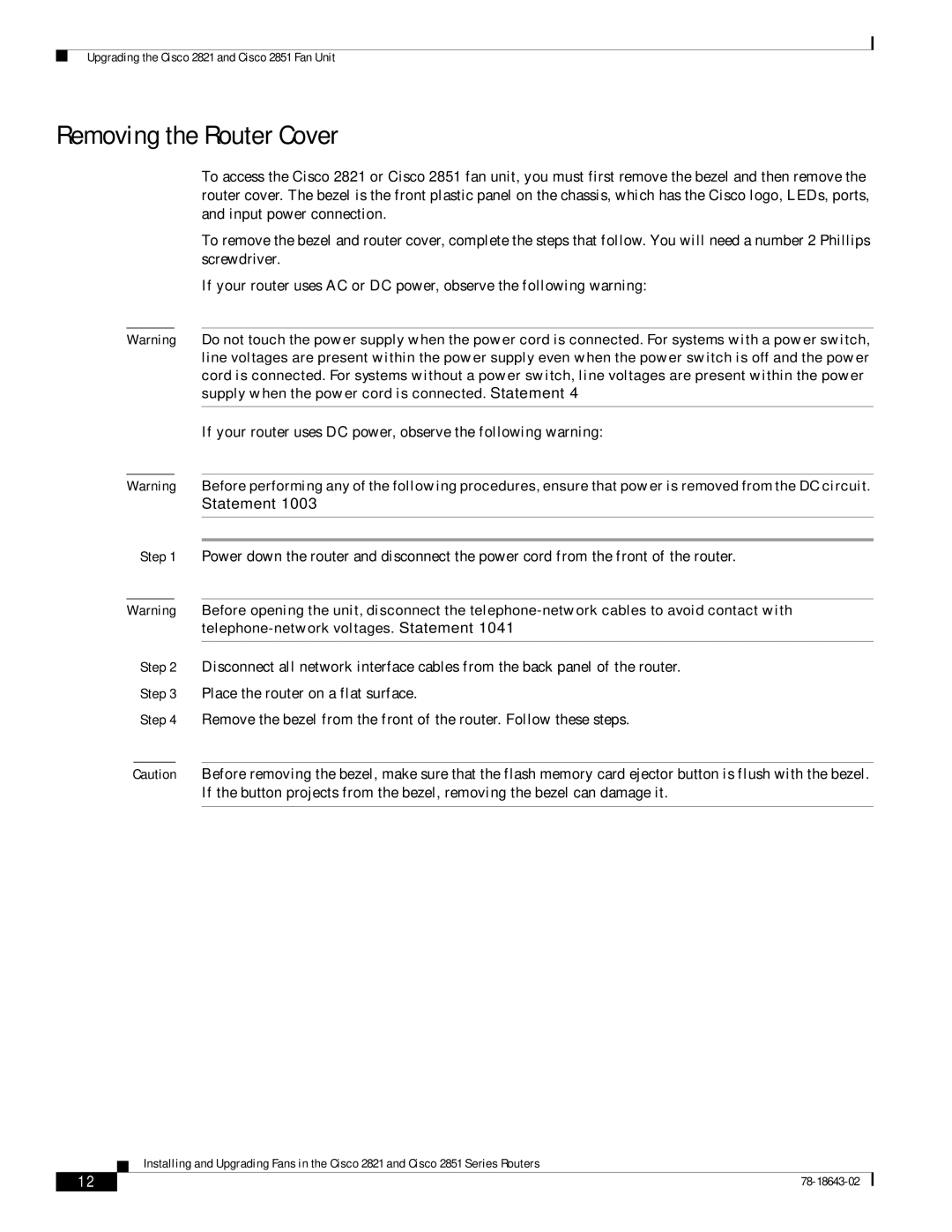 Cisco Systems 2851 Series, 2821 Series manual Removing the Router Cover 