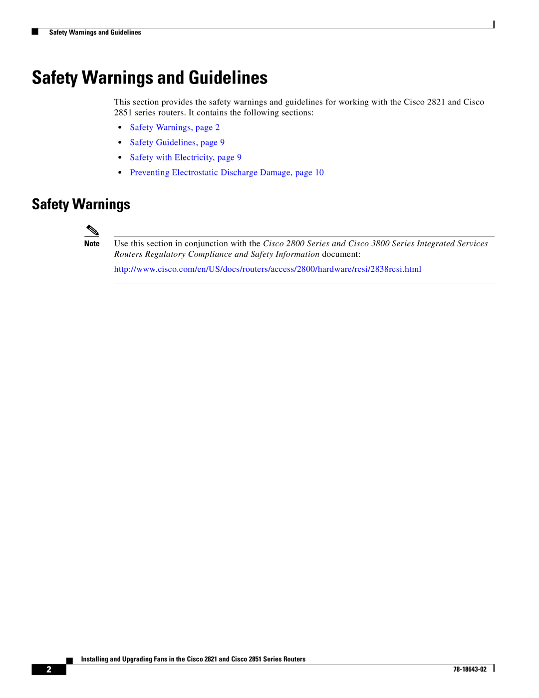 Cisco Systems 2851 Series, 2821 Series manual Safety Warnings and Guidelines 