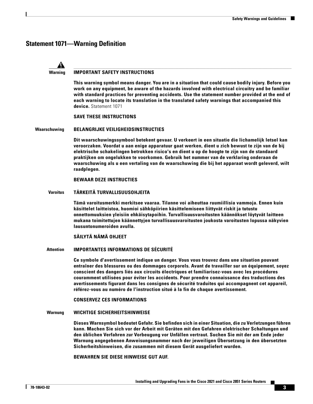 Cisco Systems 2821 Series, 2851 Series manual Statement 1071-Warning Definition 