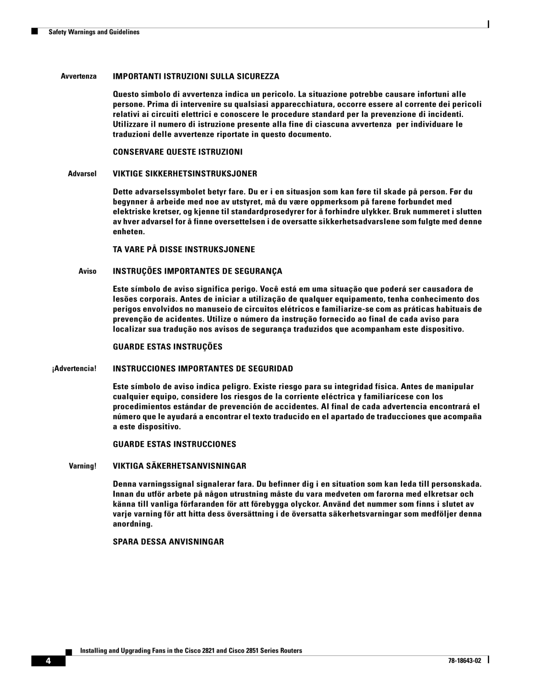 Cisco Systems 2851 Series, 2821 Series manual Conservare Queste Istruzioni 