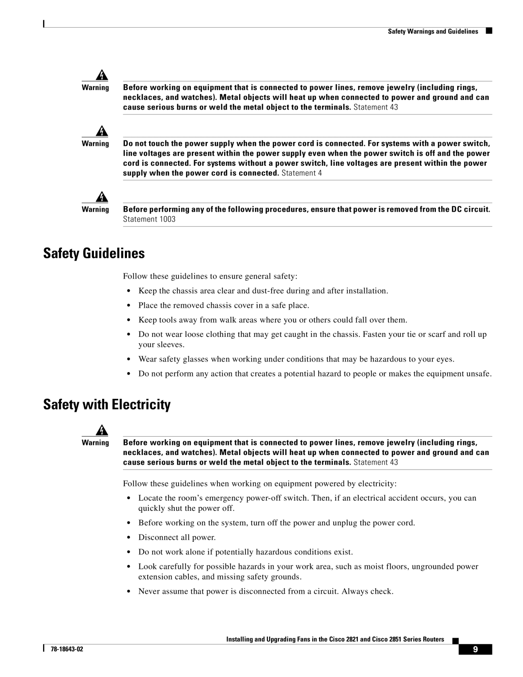 Cisco Systems 2821 Series, 2851 Series manual Safety Guidelines, Safety with Electricity 