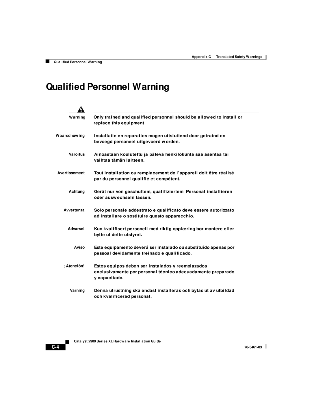 Cisco Systems 2900 Series XL manual Qualified Personnel Warning 