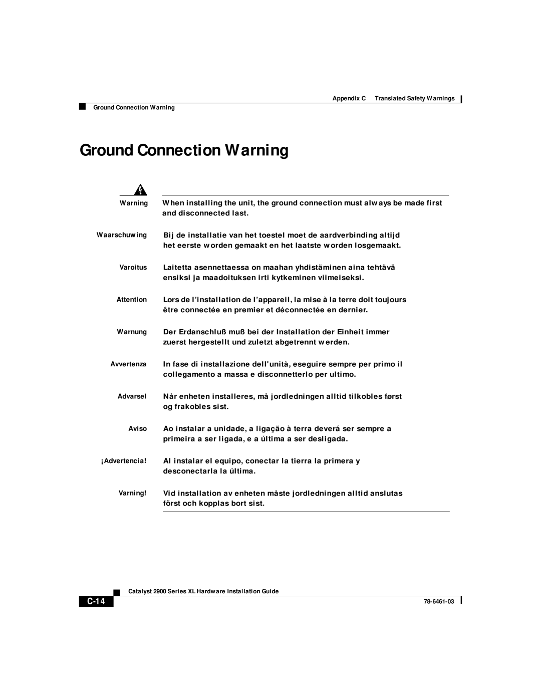 Cisco Systems 2900 Series XL manual Ground Connection Warning 