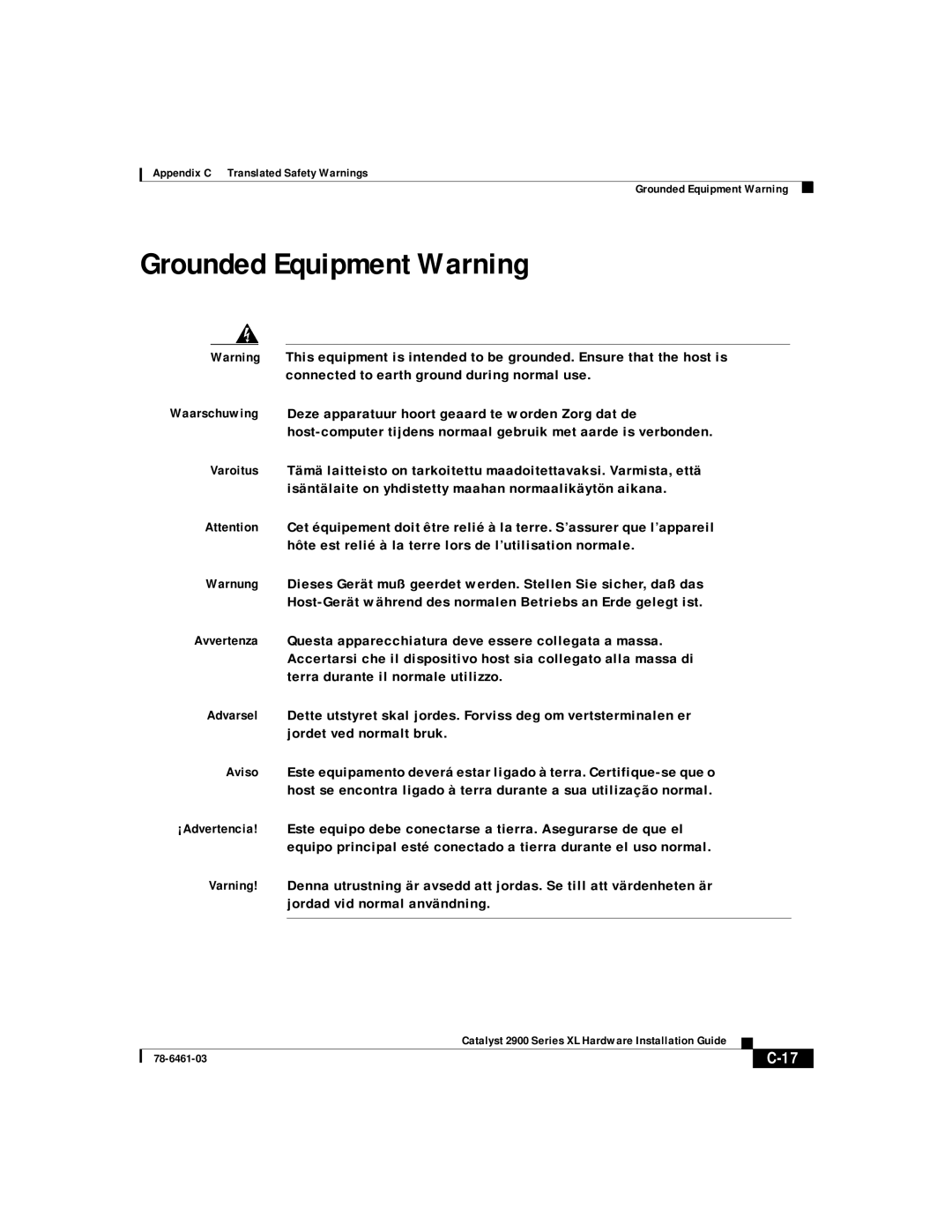 Cisco Systems 2900 Series XL manual Grounded Equipment Warning 