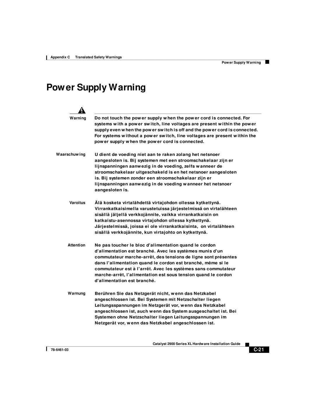 Cisco Systems 2900 Series XL manual Power Supply Warning 