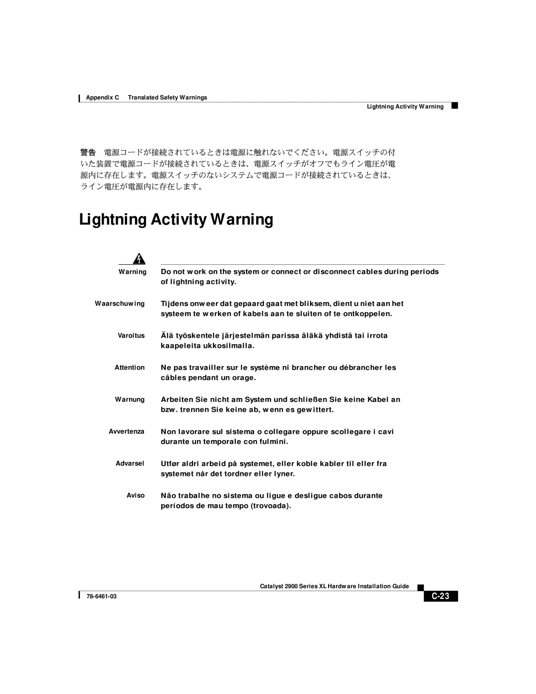 Cisco Systems 2900 Series XL manual Lightning Activity Warning 