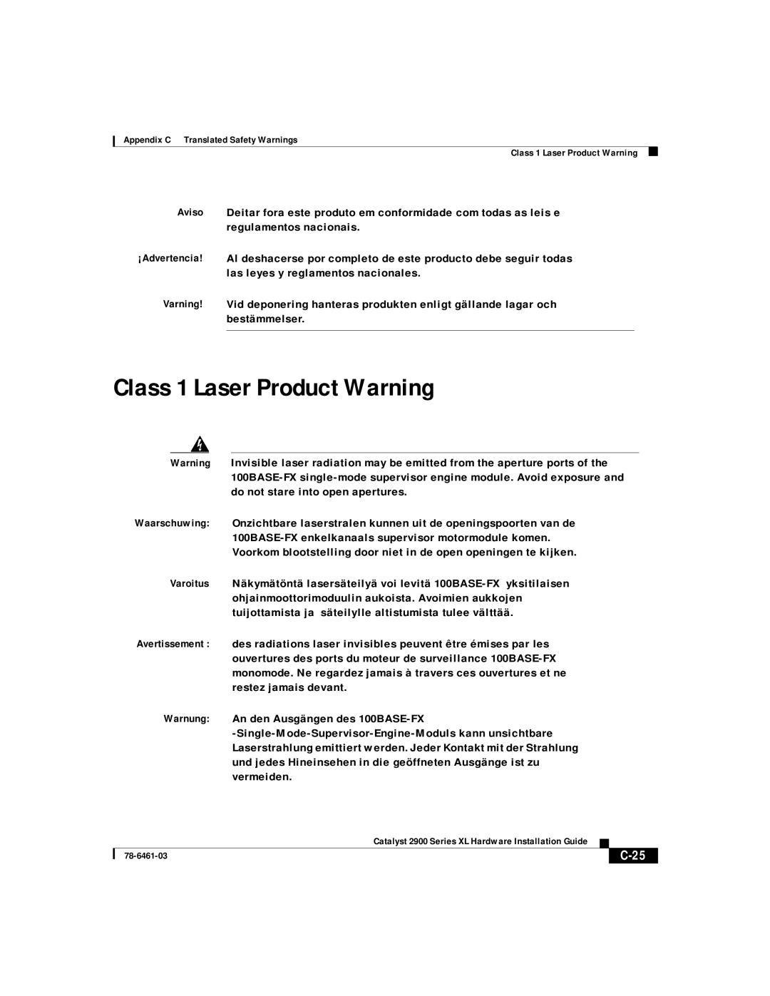 Cisco Systems 2900 Series XL manual Class 1 Laser Product Warning 