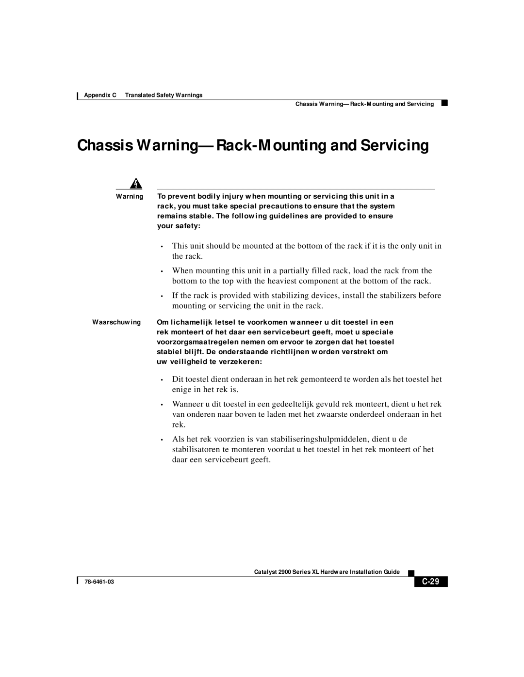 Cisco Systems 2900 Series XL manual Chassis Warning-Rack-Mounting and Servicing 