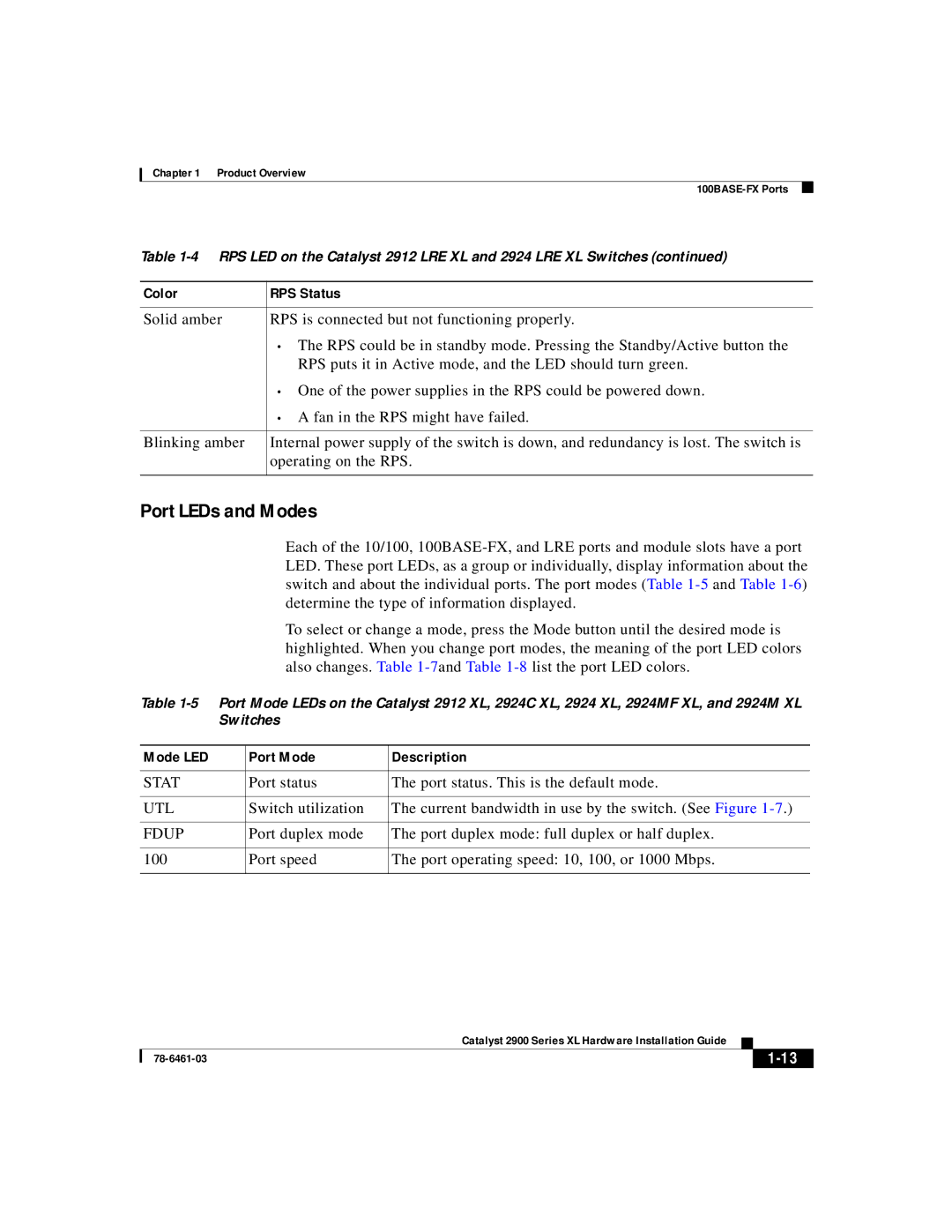 Cisco Systems 2900 Series XL manual Port LEDs and Modes, Mode LED Port Mode Description 