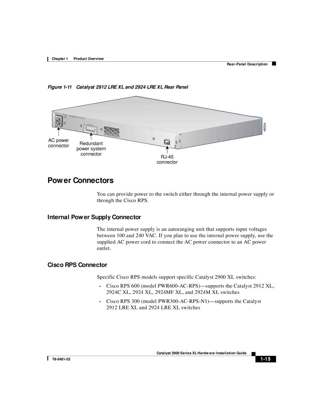 Cisco Systems 2900 Series XL manual Power Connectors, Internal Power Supply Connector 