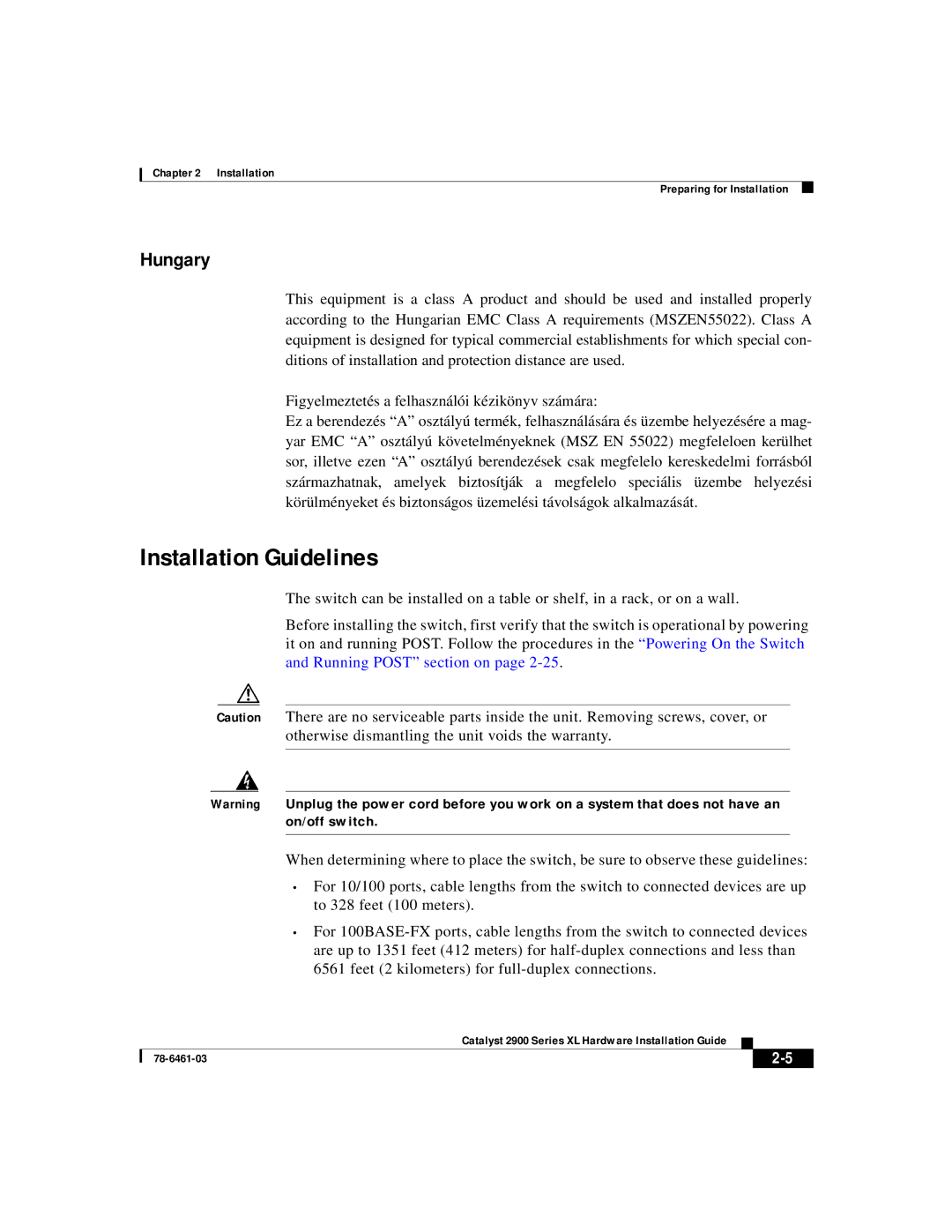 Cisco Systems 2900 Series XL manual Installation Guidelines, Hungary 