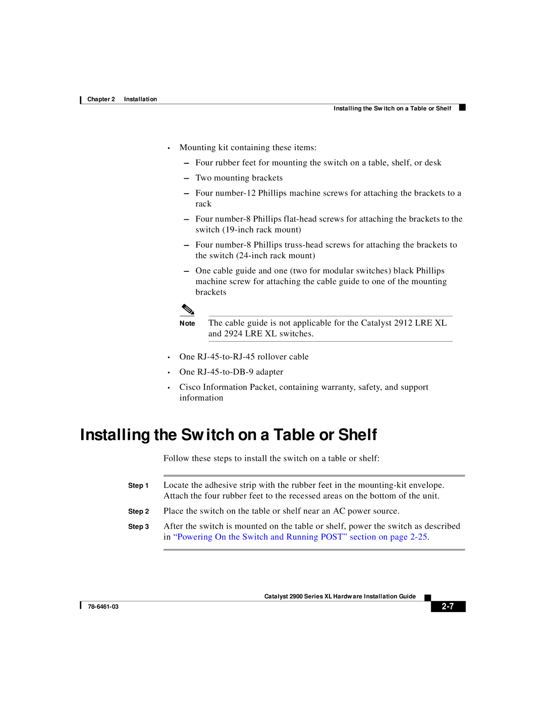 Cisco Systems 2900 Series XL manual Installing the Switch on a Table or Shelf 