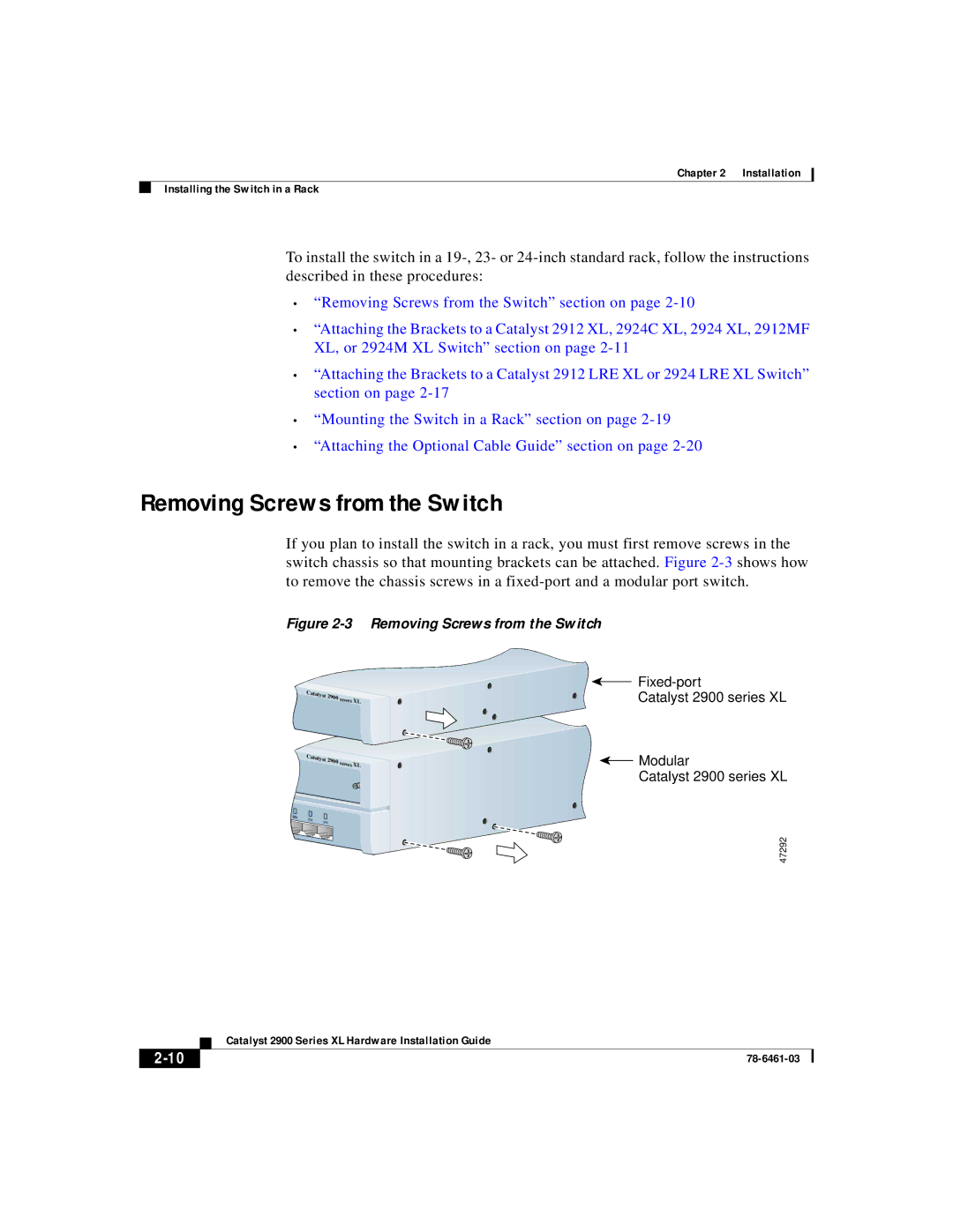 Cisco Systems 2900 Series XL manual Removing Screws from the Switch, Modular Catalyst 2900 series XL 