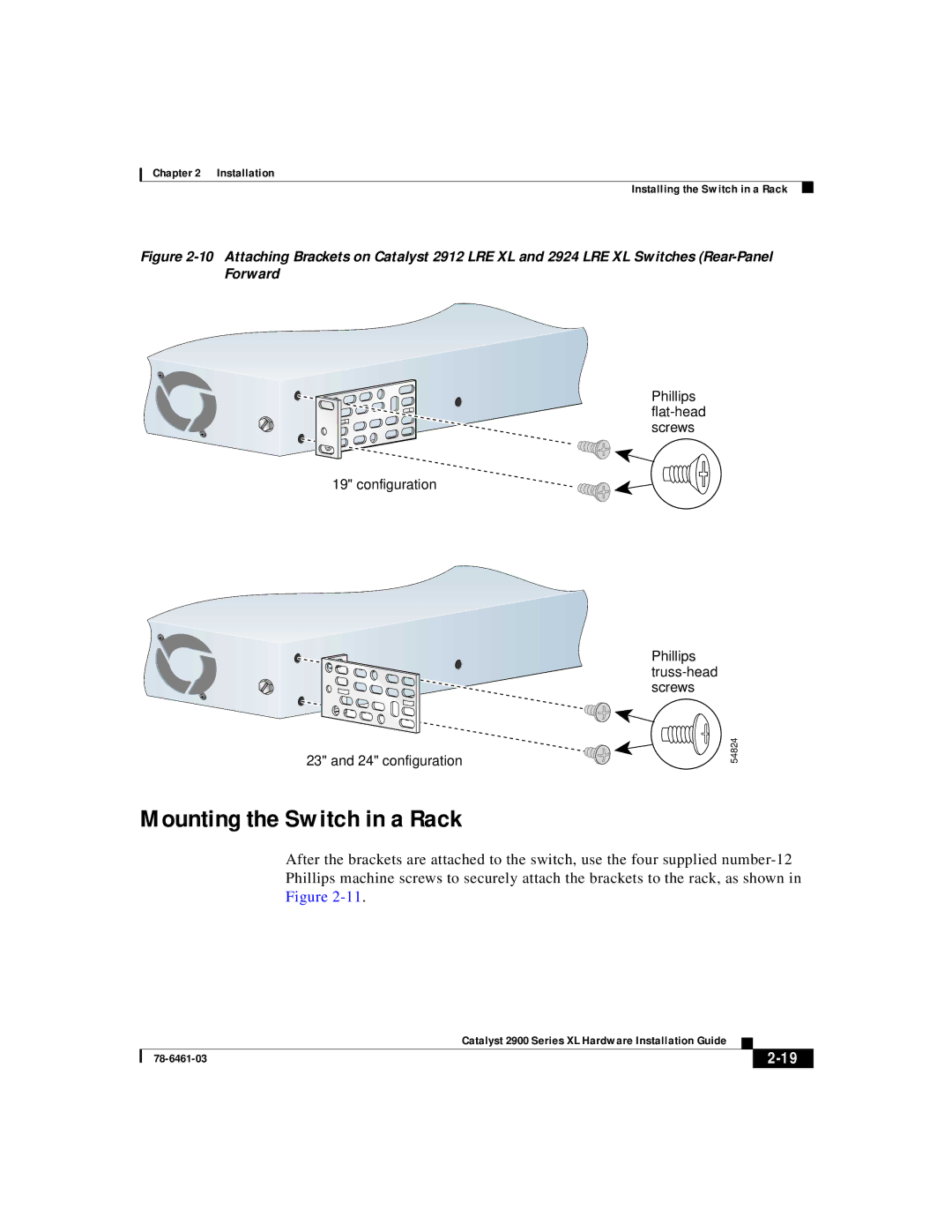 Cisco Systems 2900 Series XL manual Mounting the Switch in a Rack 