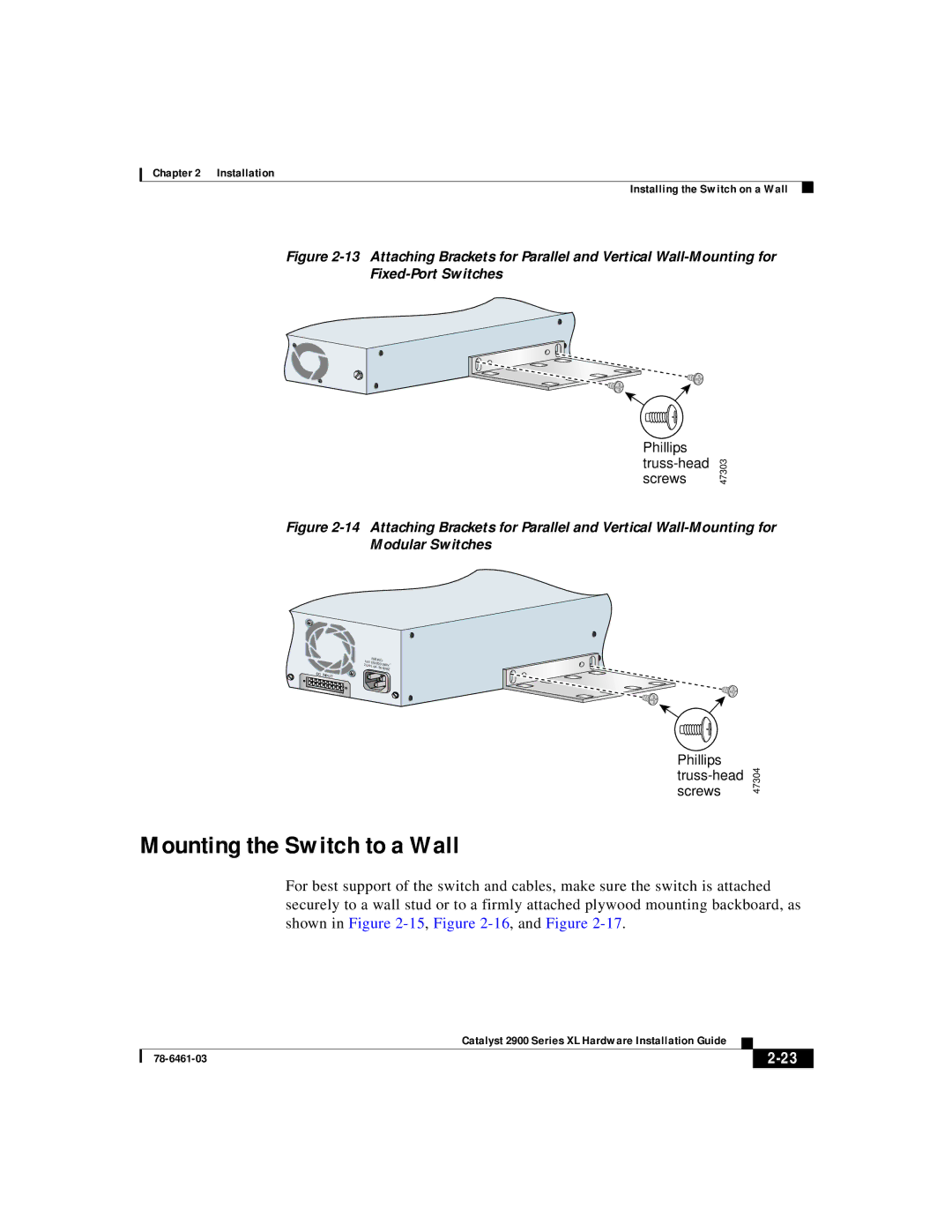 Cisco Systems 2900 Series XL manual Mounting the Switch to a Wall 