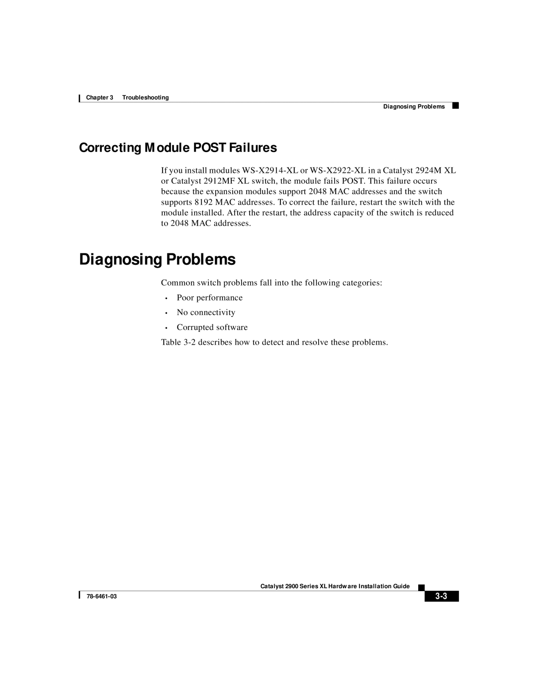 Cisco Systems 2900 Series XL manual Diagnosing Problems, Correcting Module Post Failures 