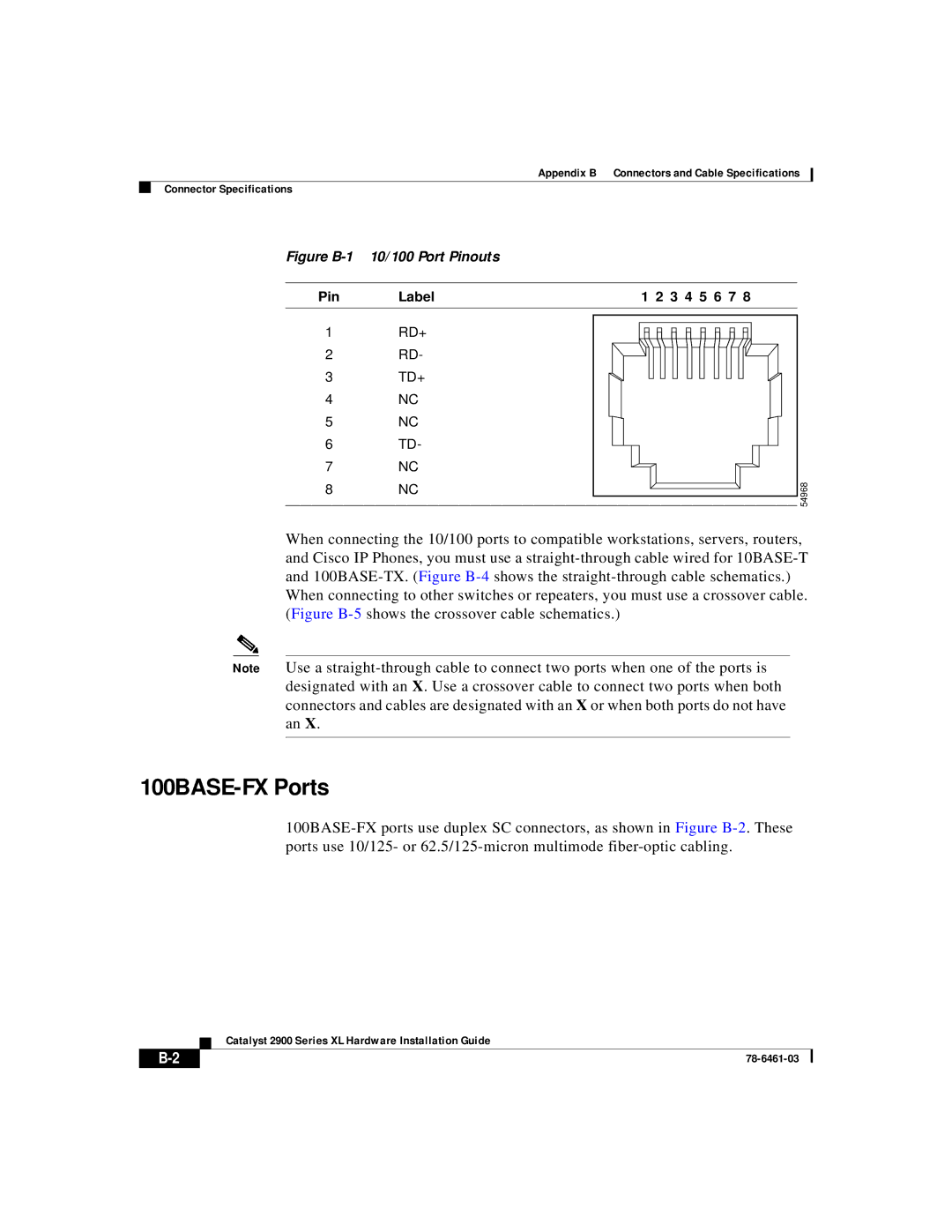 Cisco Systems 2900 Series XL manual 100BASE-FX Ports, Figure B-1 10/100 Port Pinouts 