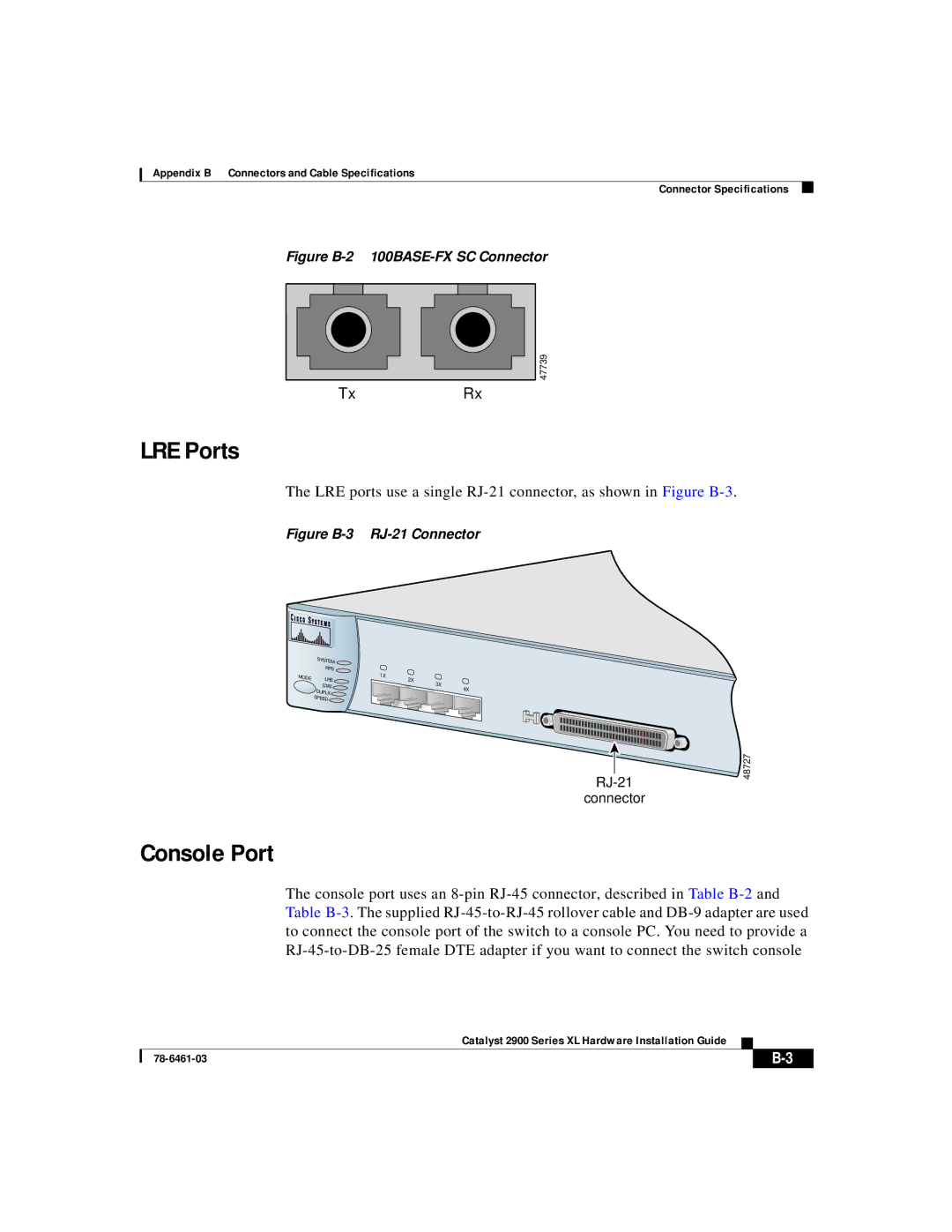 Cisco Systems 2900 Series XL manual LRE Ports, Figure B-2 100BASE-FX SC Connector 