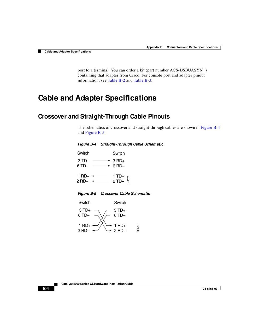 Cisco Systems 2900 Series XL manual Cable and Adapter Specifications, Crossover and Straight-Through Cable Pinouts 