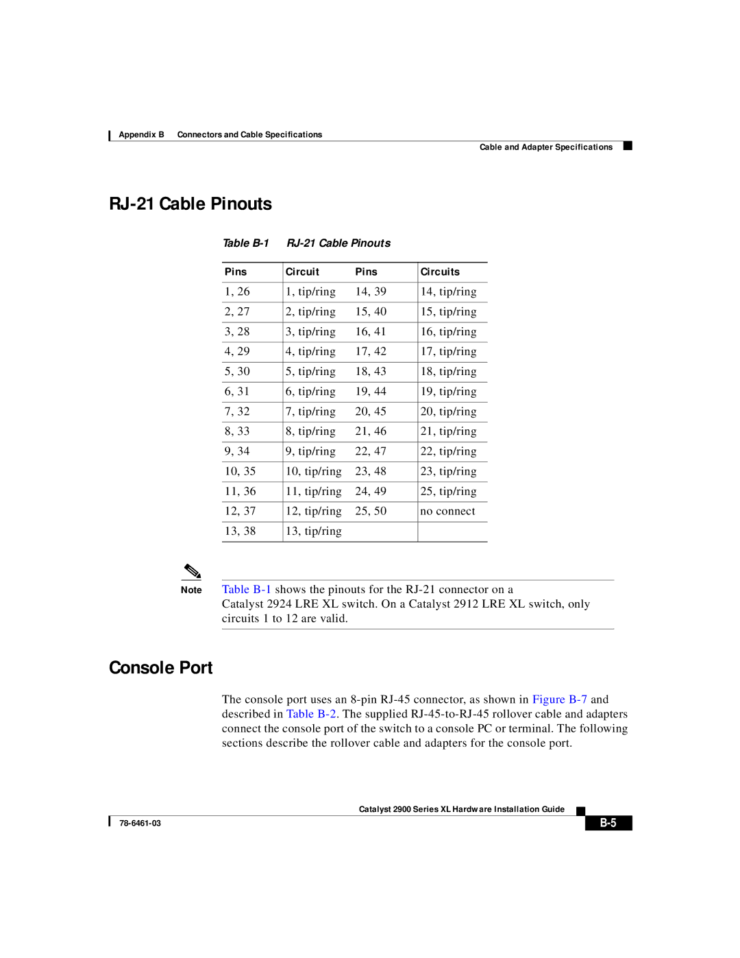 Cisco Systems 2900 Series XL manual RJ-21 Cable Pinouts, Pins Circuit Circuits 