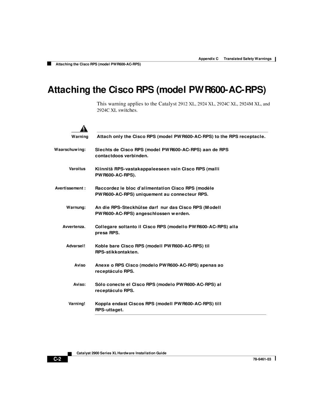 Cisco Systems 2900 Series XL manual Attaching the Cisco RPS model PWR600-AC-RPS 