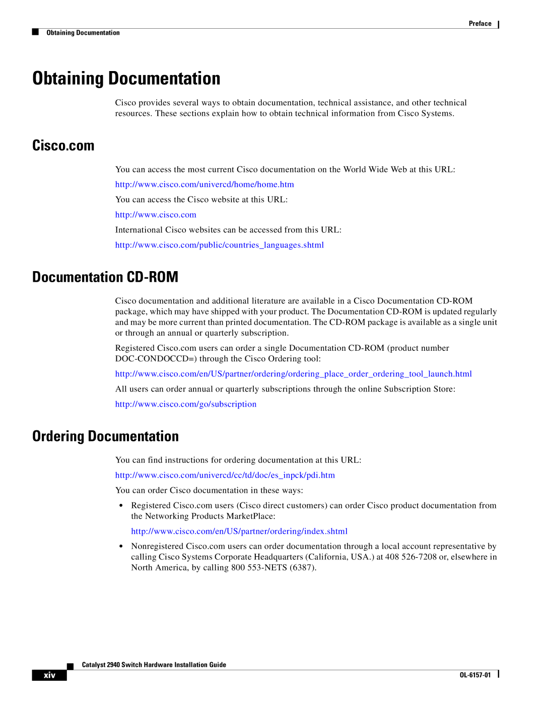 Cisco Systems 2940 manual Obtaining Documentation, Cisco.com, Documentation CD-ROM, Ordering Documentation 