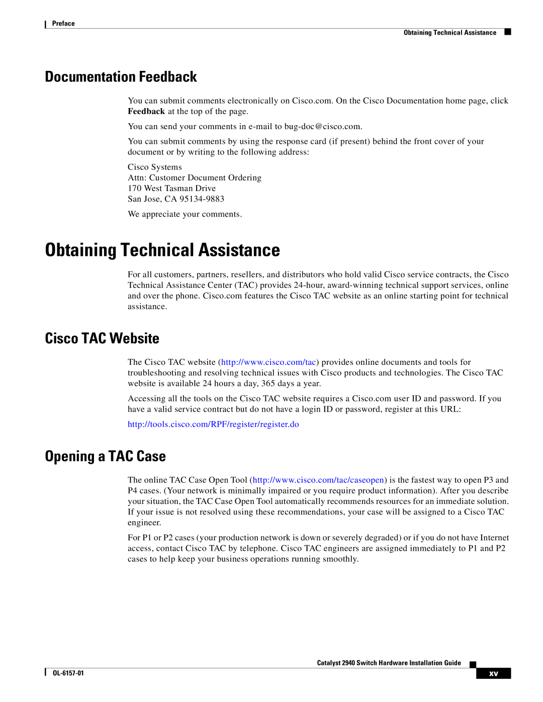 Cisco Systems 2940 manual Obtaining Technical Assistance, Documentation Feedback, Cisco TAC Website Opening a TAC Case 